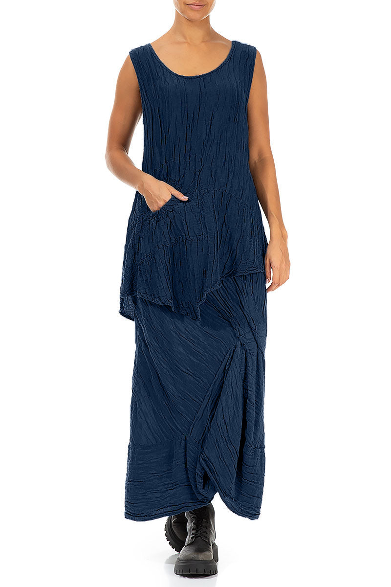Sleeveless Crinkled Royal Blue Silk Linen Tunic 4