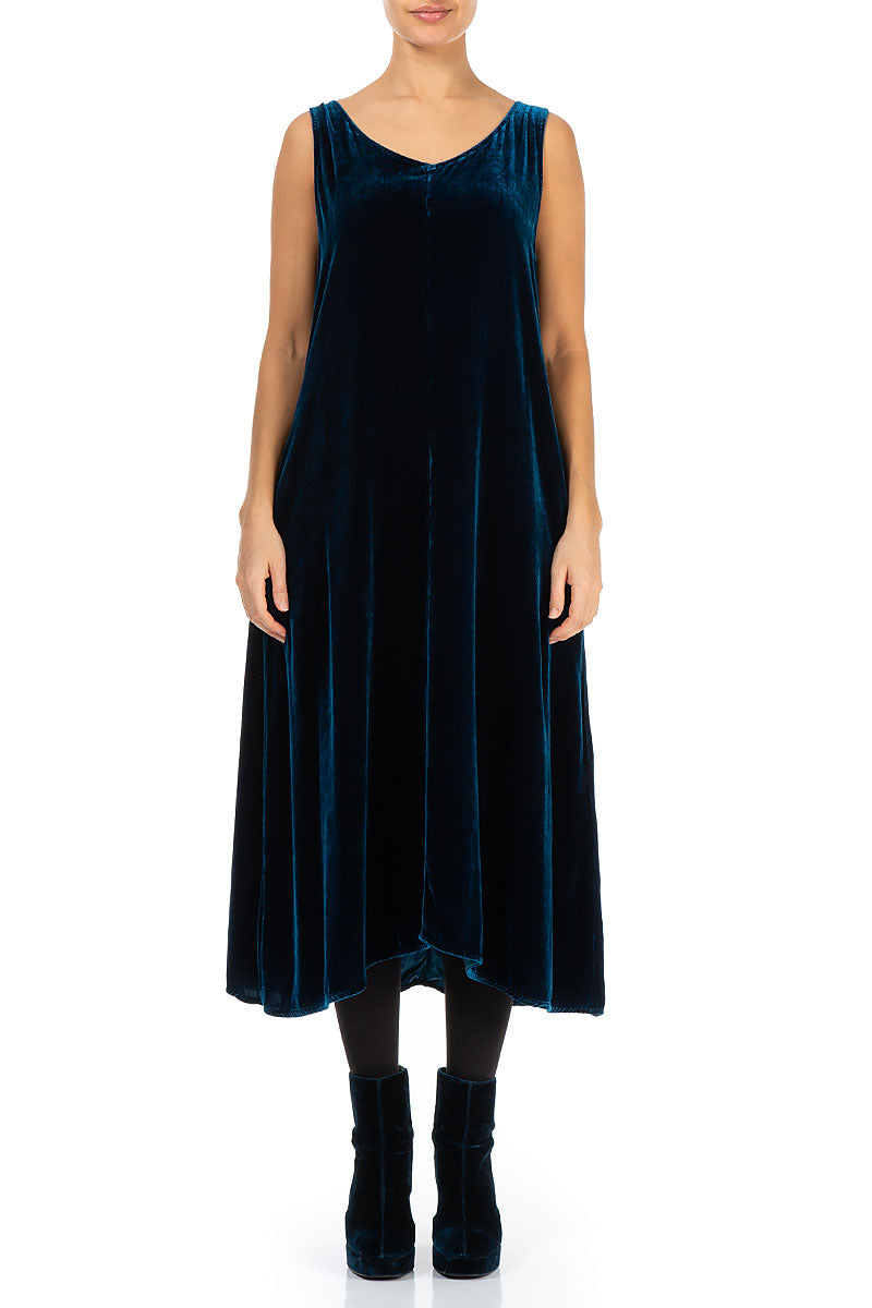 Sleeveless Dark Azure Silk Velvet Dress 1