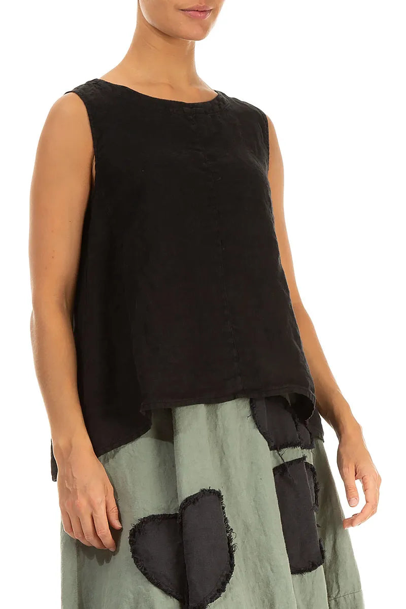 Sleeveless Flared Black Linen Top 3