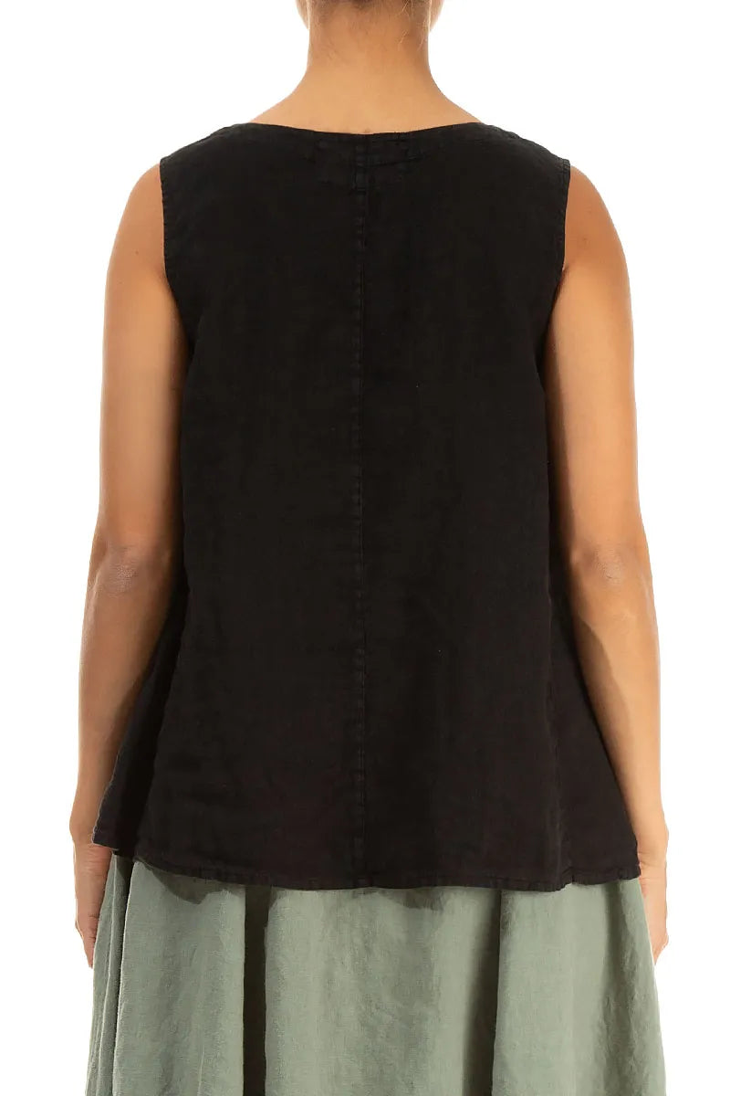 Sleeveless Flared Black Linen Top 2