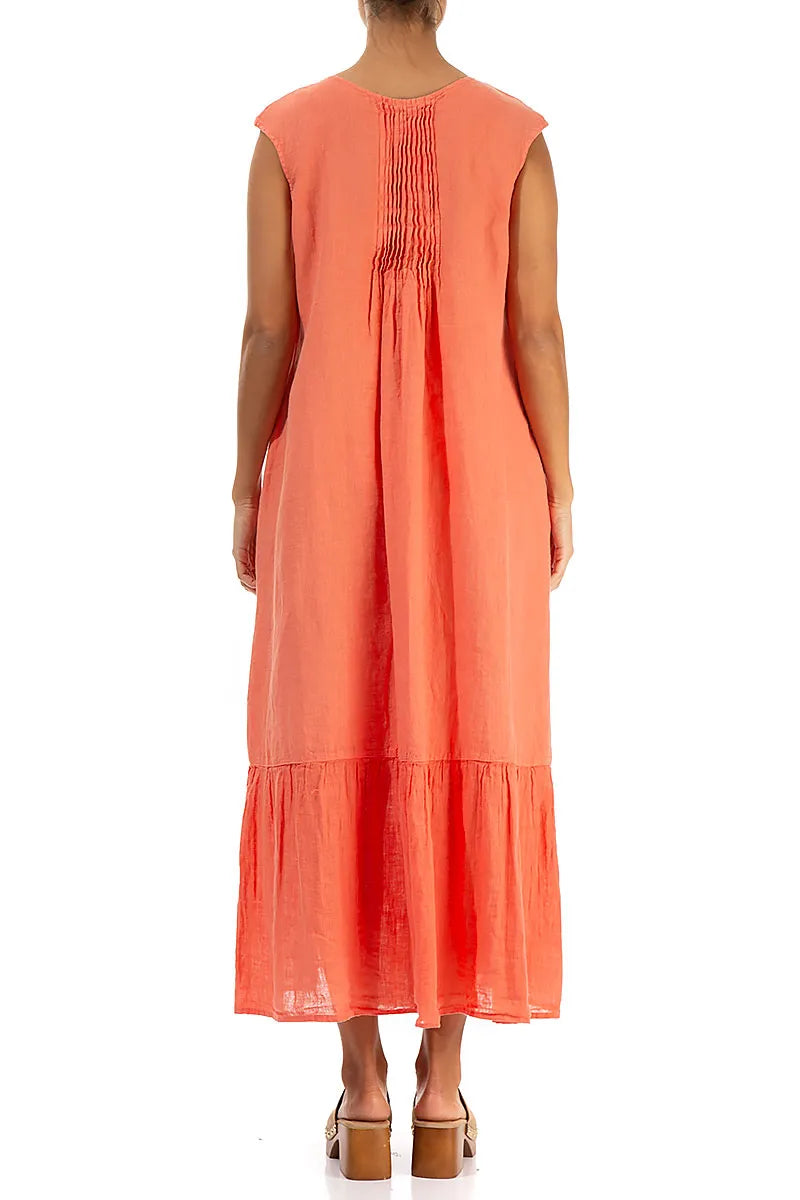 Sleeveless Flared Coral Linen Dress 2