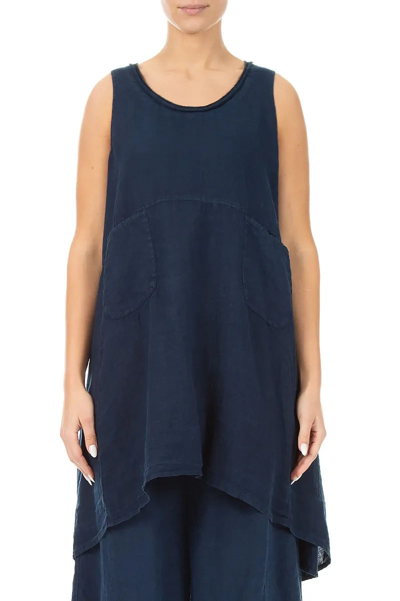 Sleeveless Flared Navy Linen Tunic 1