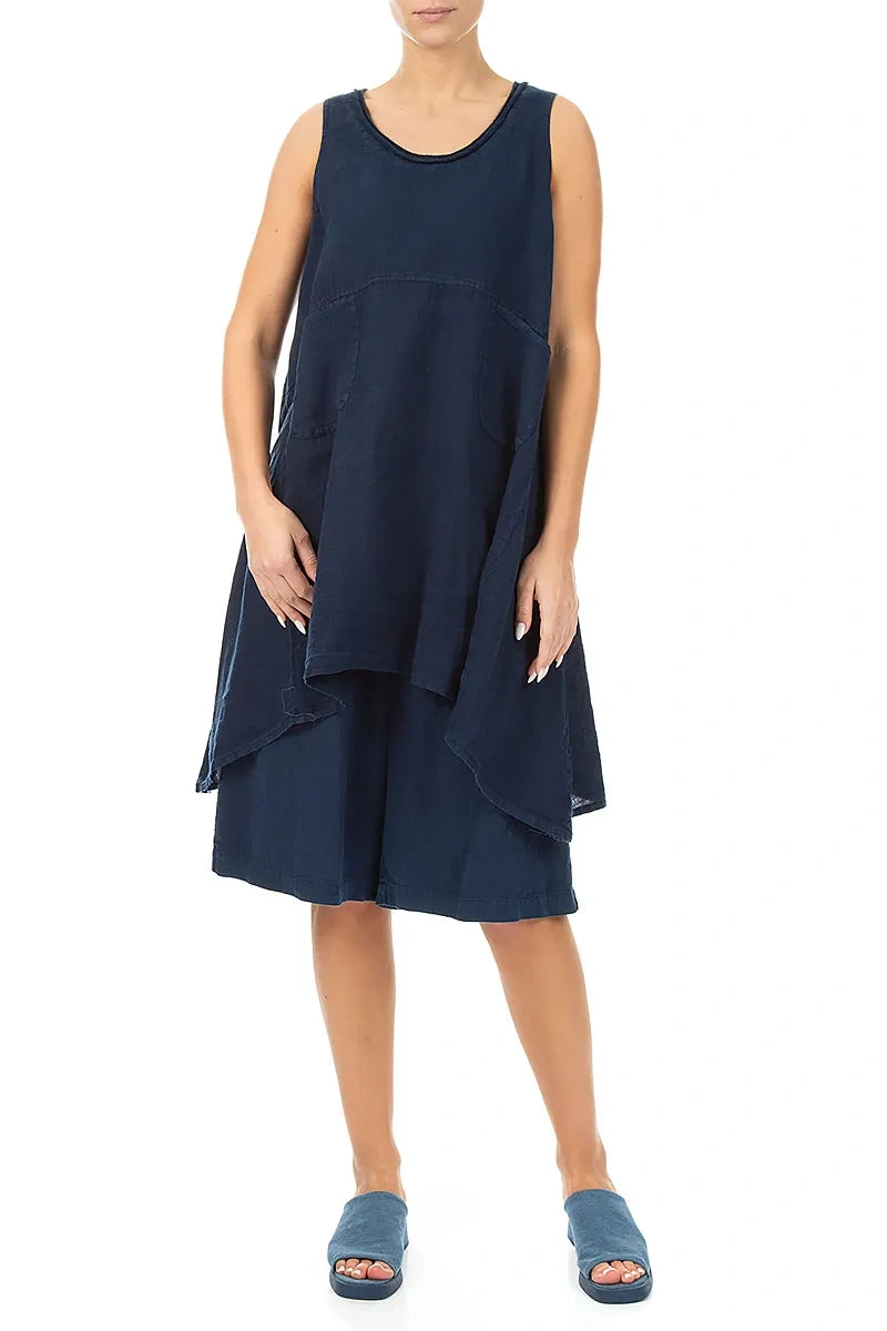 Sleeveless Flared Navy Linen Tunic 4