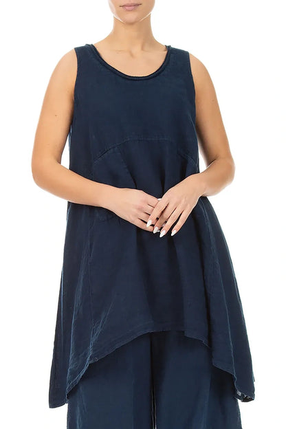 Sleeveless Flared Navy Linen Tunic 3