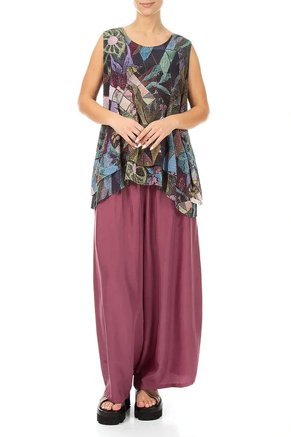 Sleeveless Layered Art Mosaic Textured Silk Blouse