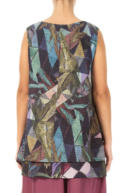 Sleeveless Layered Art Mosaic Textured Silk Blouse