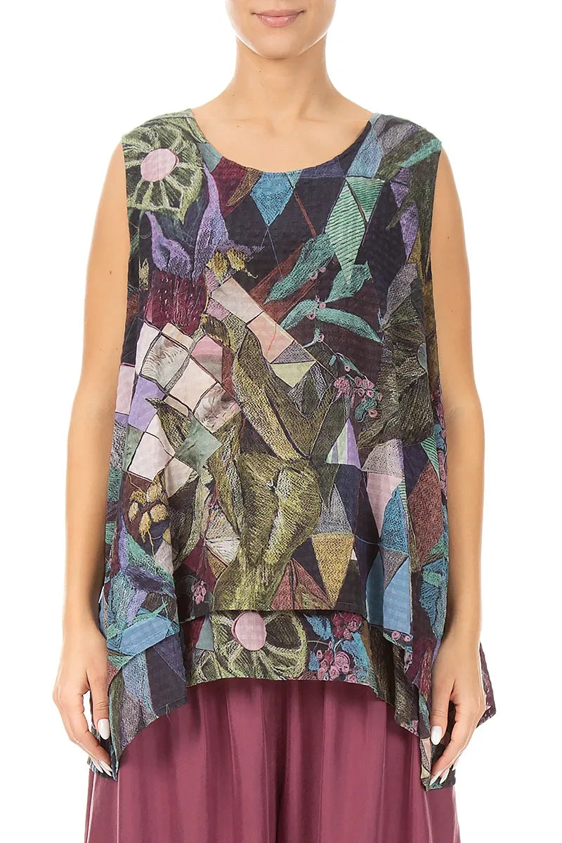 Sleeveless Layered Art Mosaic Textured Silk Blouse