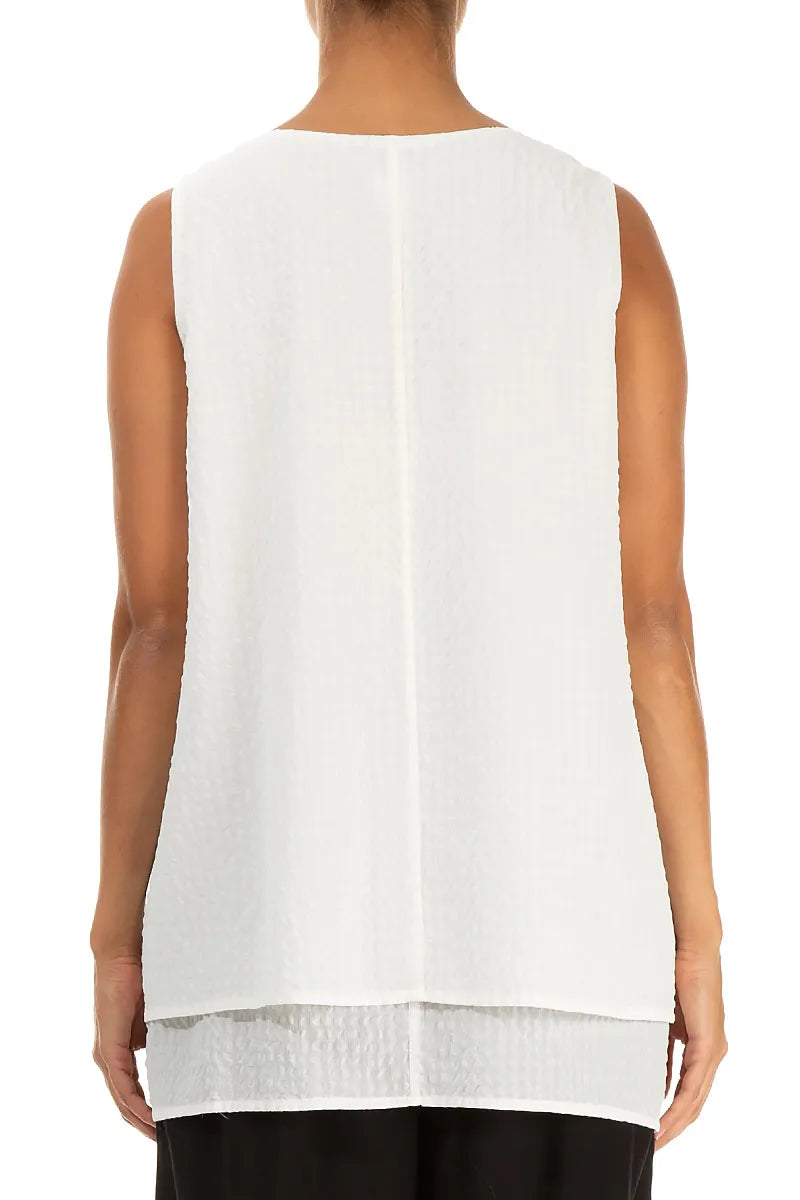 Sleeveless Layered Off White Textured Silk Blouse 2