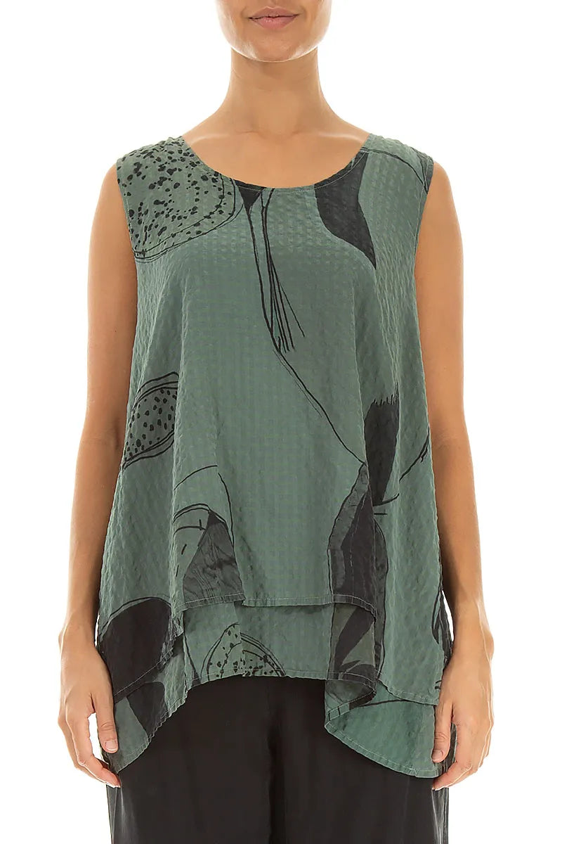 Sleeveless Layered Sage Tumbled Stone Textured Silk Blouse 1