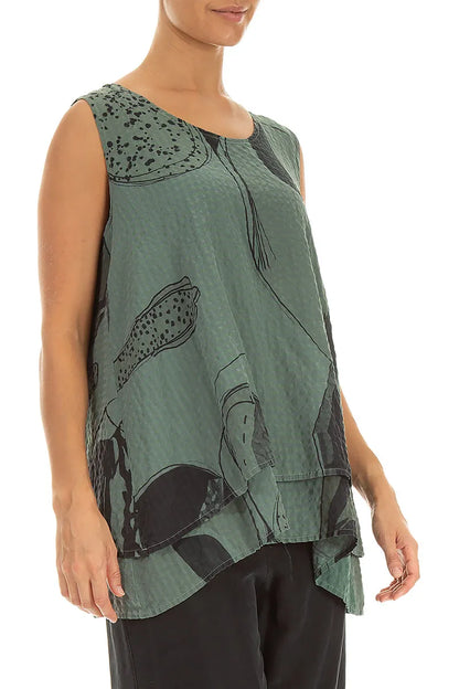 Sleeveless Layered Sage Tumbled Stone Textured Silk Blouse