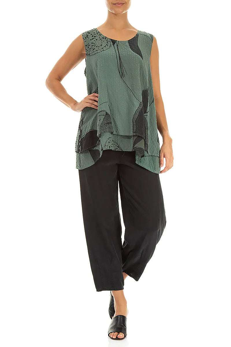 Sleeveless Layered Sage Tumbled Stone Textured Silk Blouse