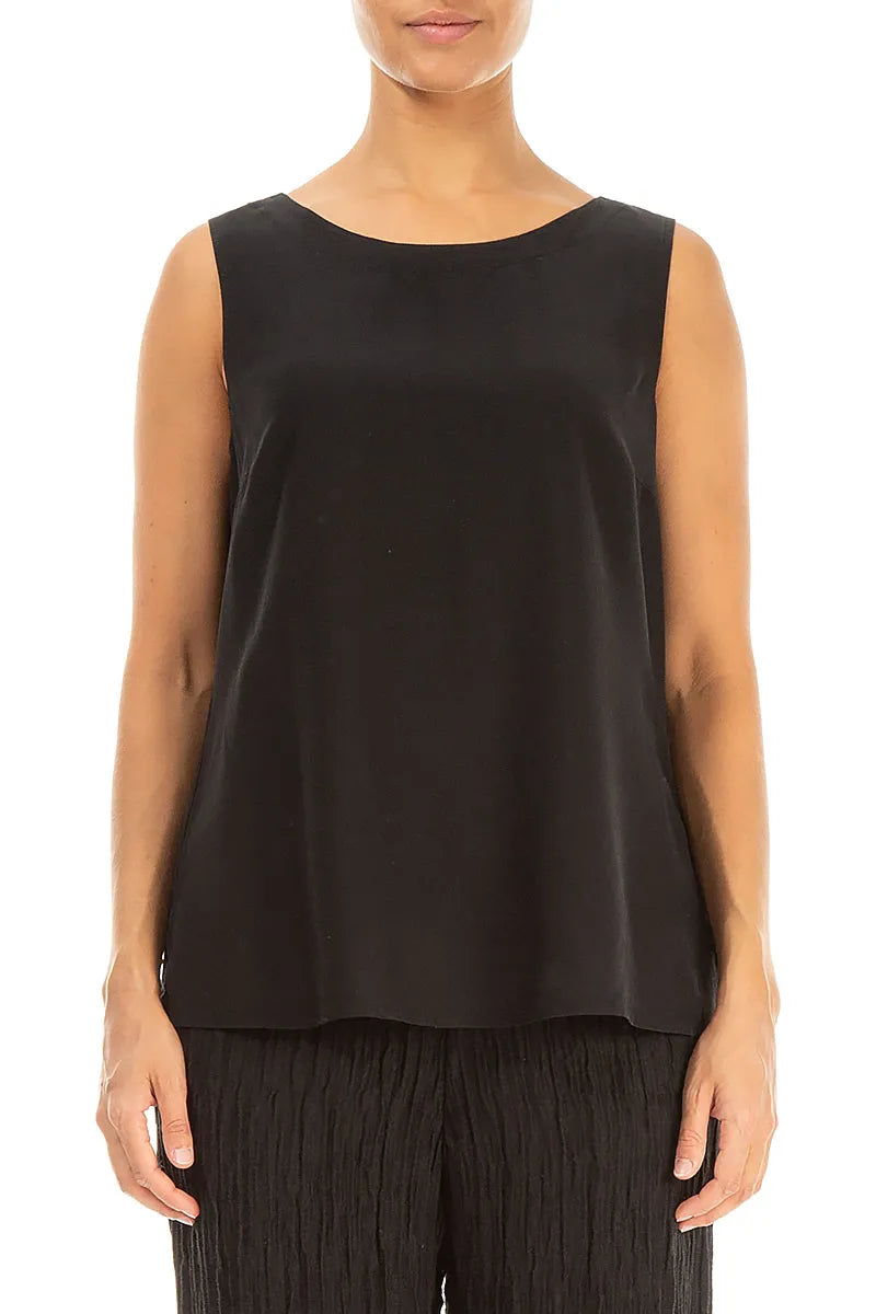 Sleeveless Longer Back Black Silk Bamboo Top 1