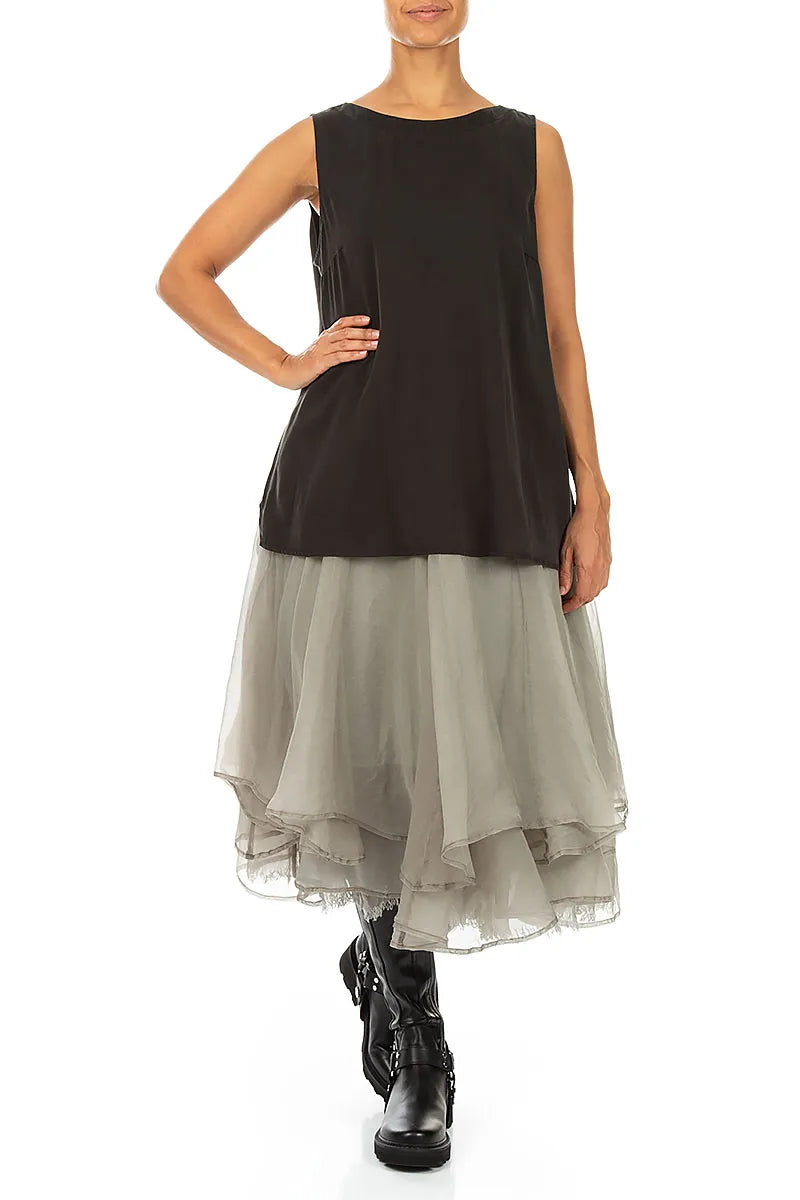 Blouses sans manches en soie noire, plus longues dans le dos