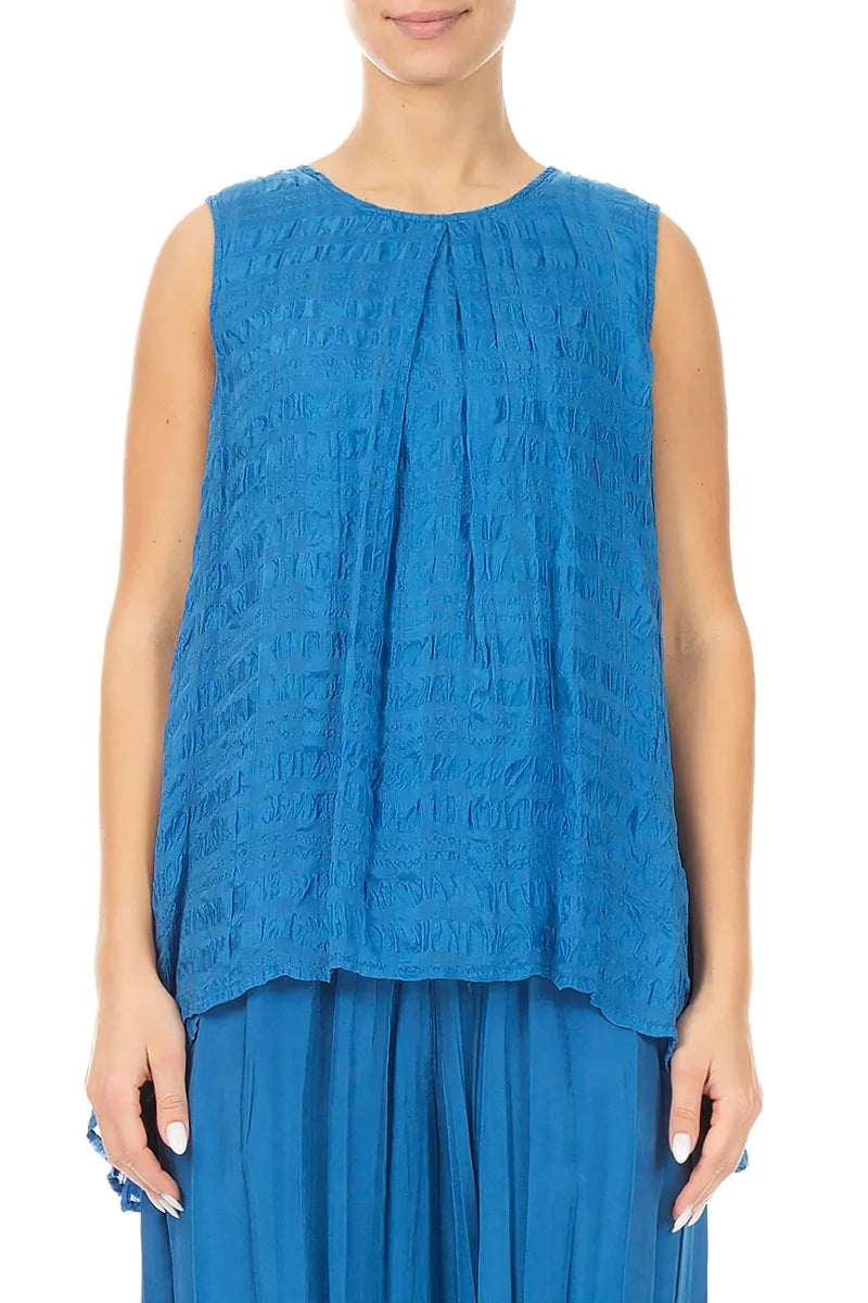 Sleeveless Longer Back Cobalt Blue Light Silk Blouse 1