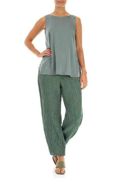 Sleeveless Longer Back Sage Silk Top