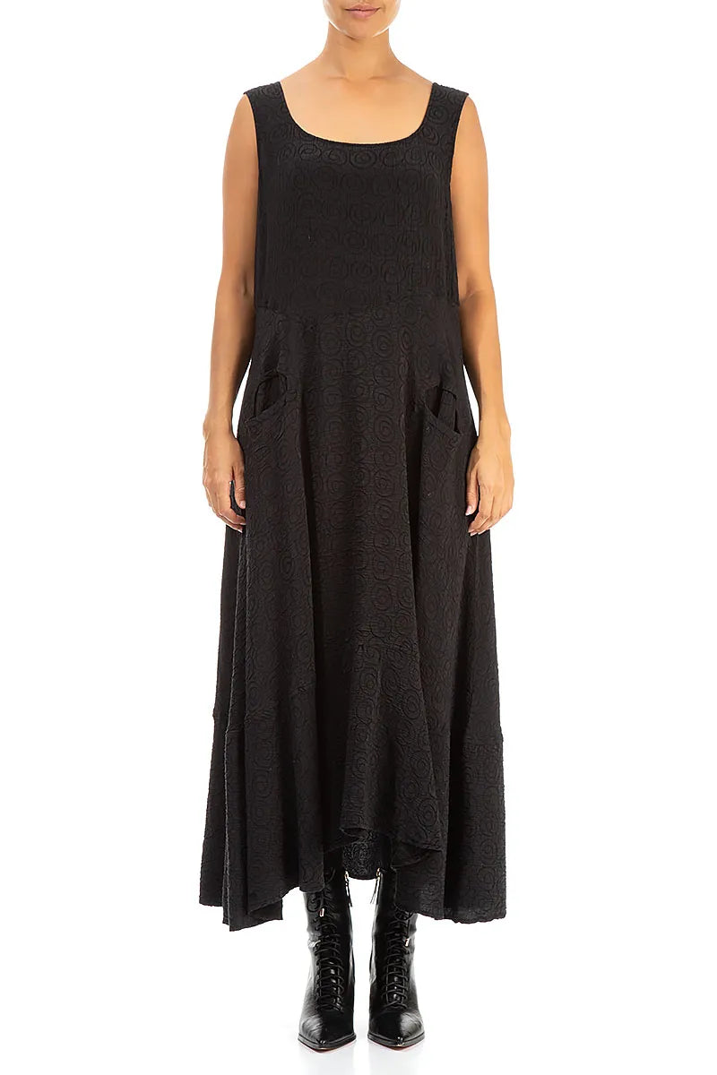 Sleeveless Patterned Black Silk Cotton Dress 1