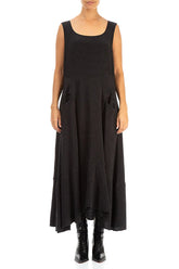 Sleeveless Patterned Black Silk Cotton Dress 1