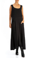 Sleeveless Patterned Black Silk Cotton Dress 4