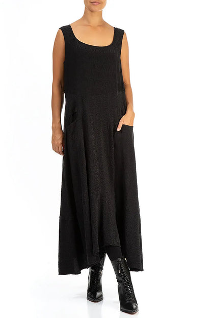 Sleeveless Patterned Black Silk Cotton Dress 4