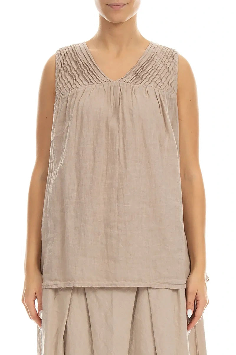 Sleeveless Pleated Beige Linen Top