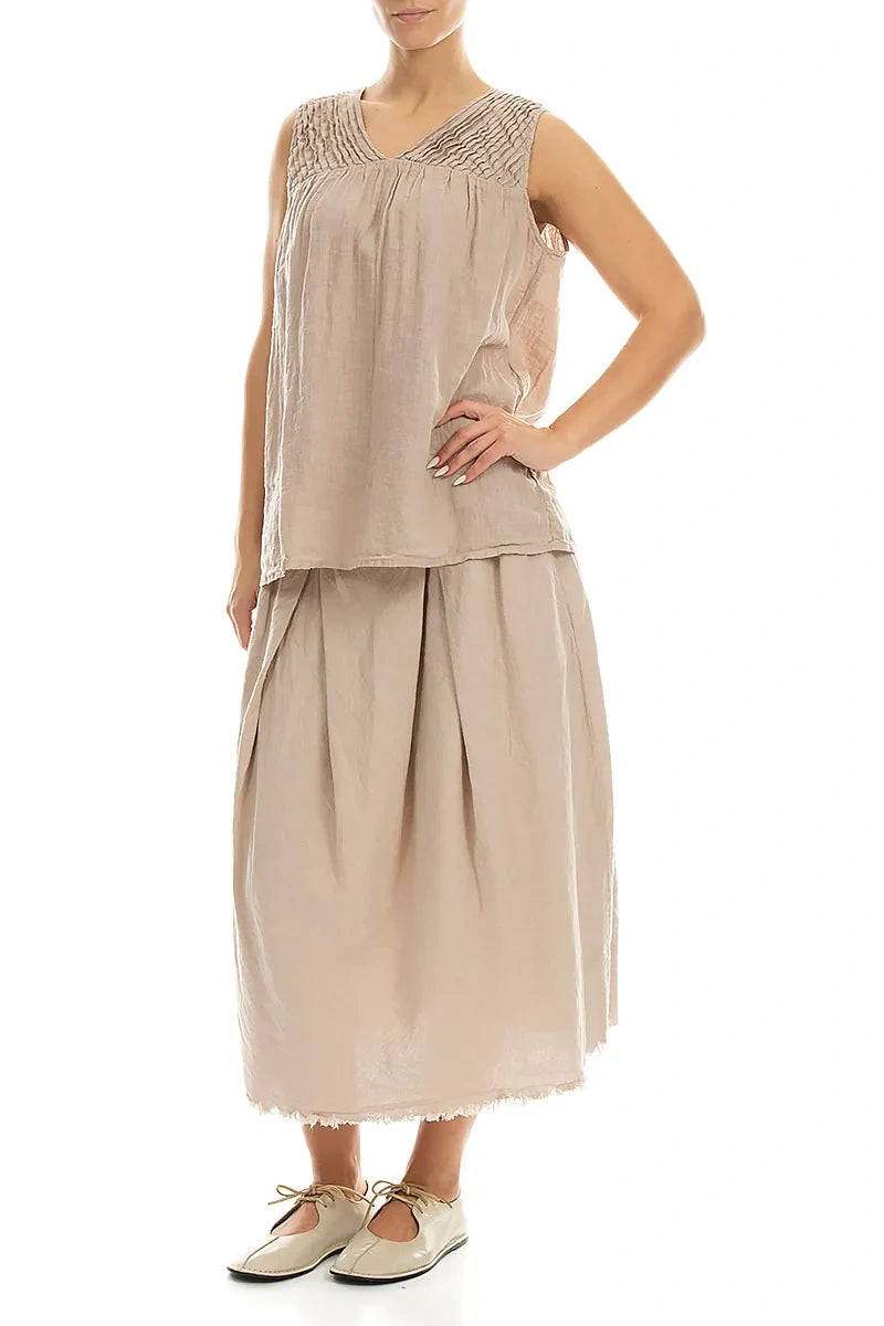 Sleeveless Pleated Beige Linen Top