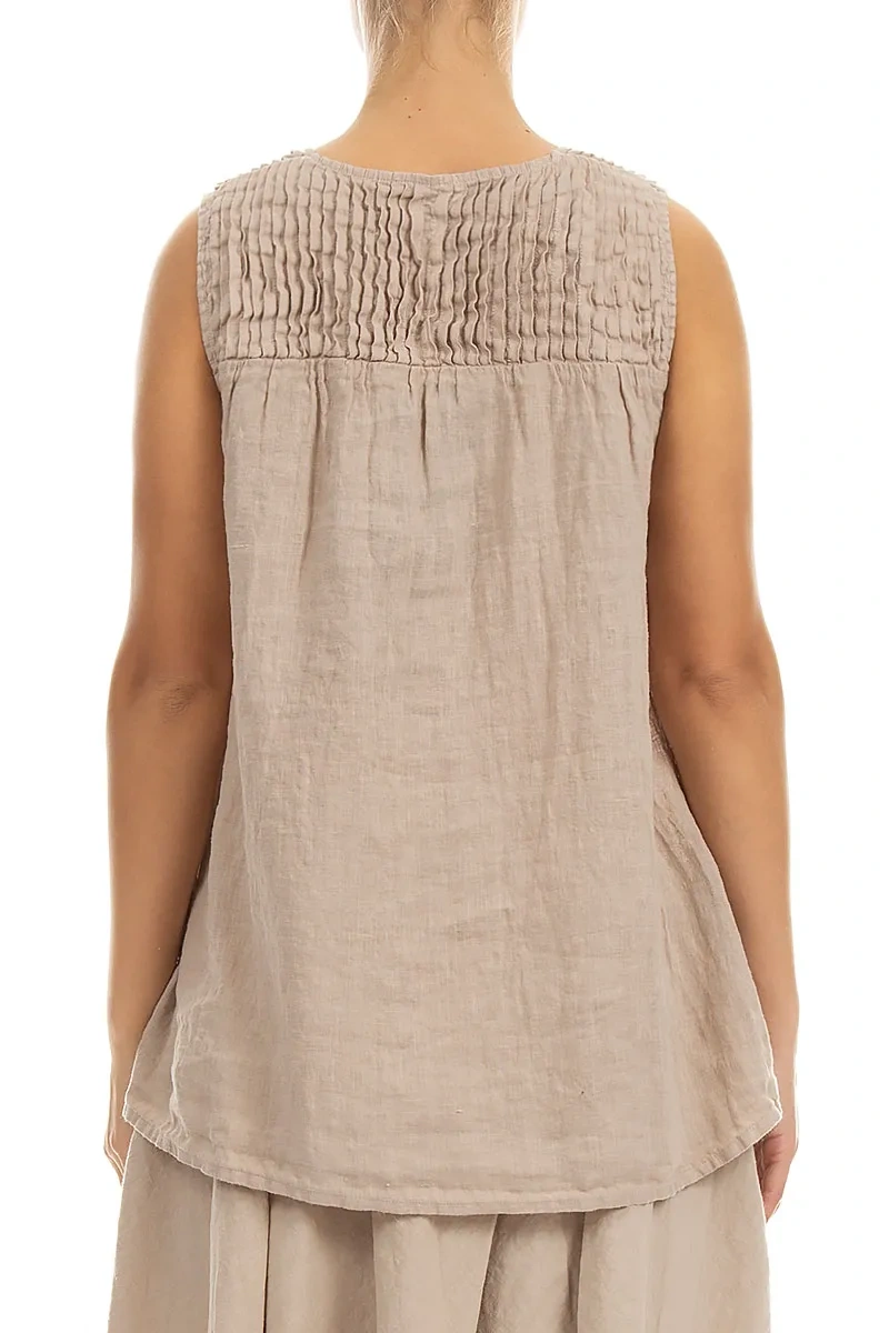 Sleeveless Pleated Beige Linen Top
