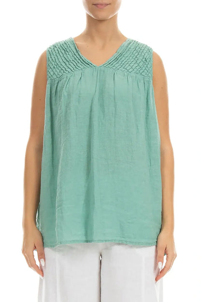 Sleeveless Pleated Mint Linen Top