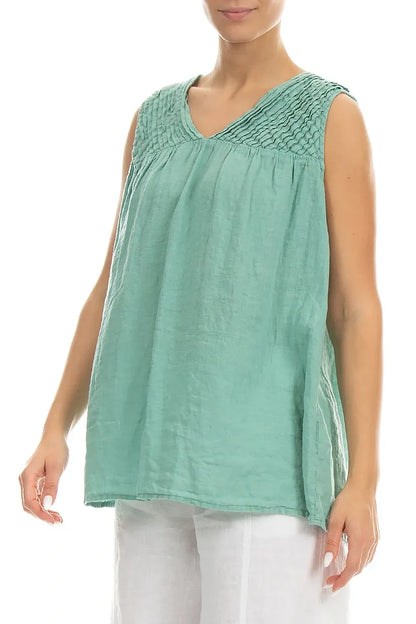 Sleeveless Pleated Mint Linen Top