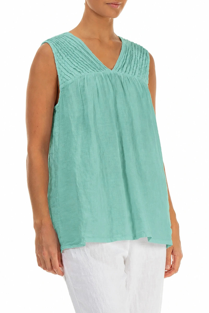 Sleeveless Pleated Mint Linen Top 3