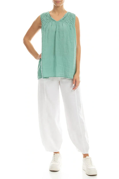 Sleeveless Pleated Mint Linen Top