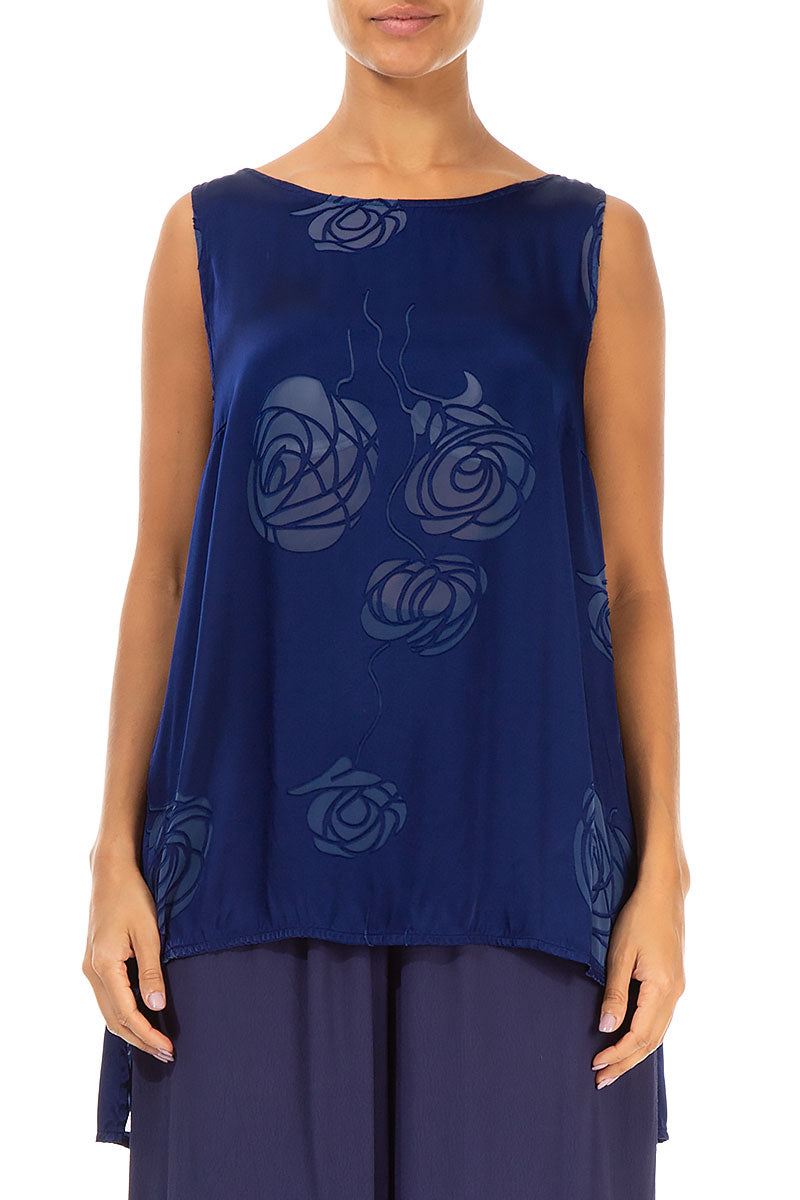 Sleeveless Roses Indigo Silk Top 1