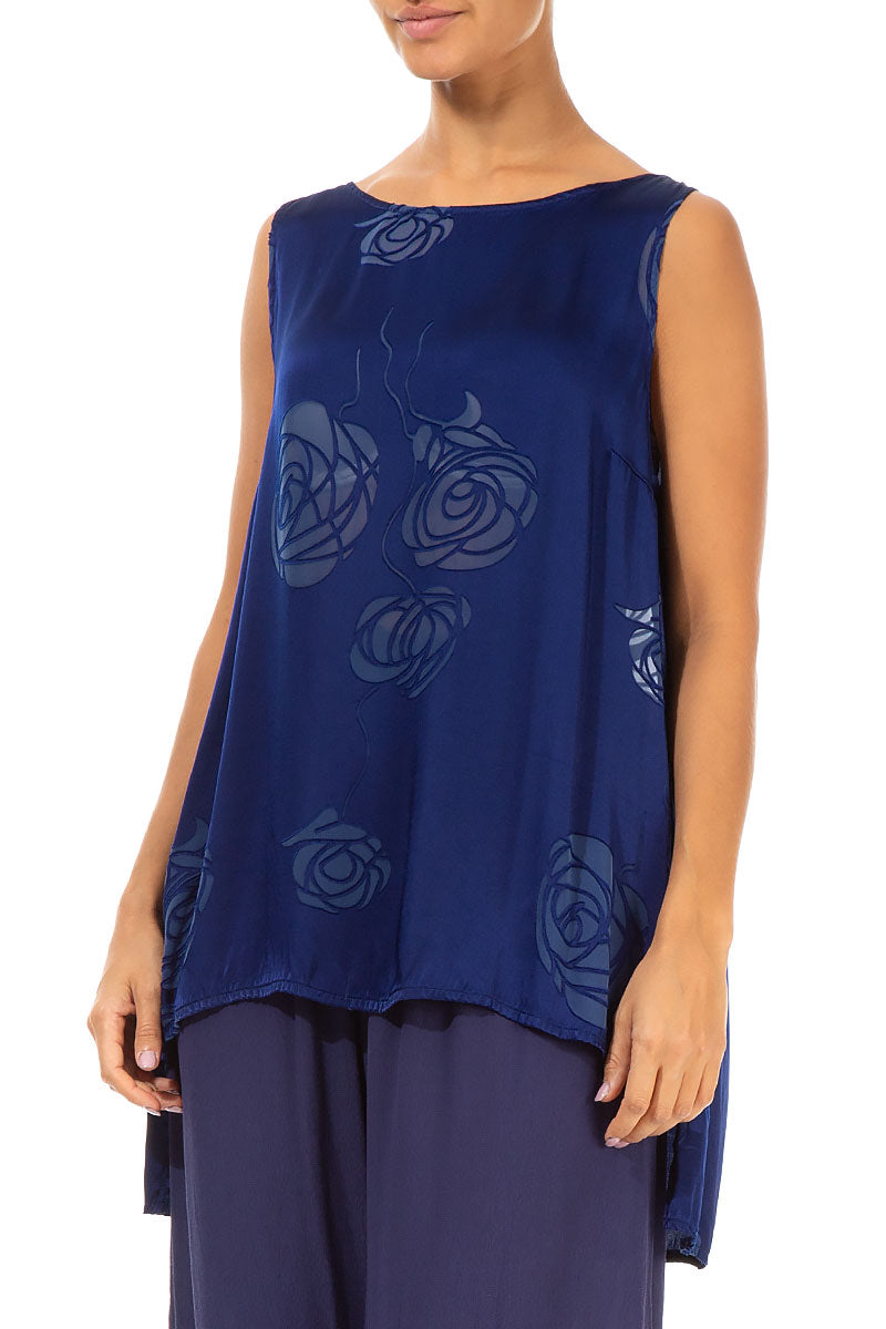 Sleeveless Roses Indigo Silk Top 3