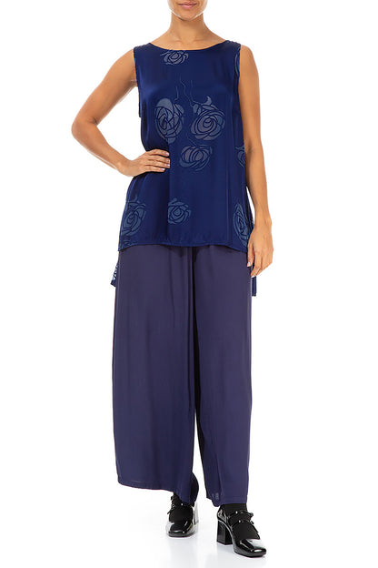 Sleeveless Roses Cobalt Blue Silk Top 4