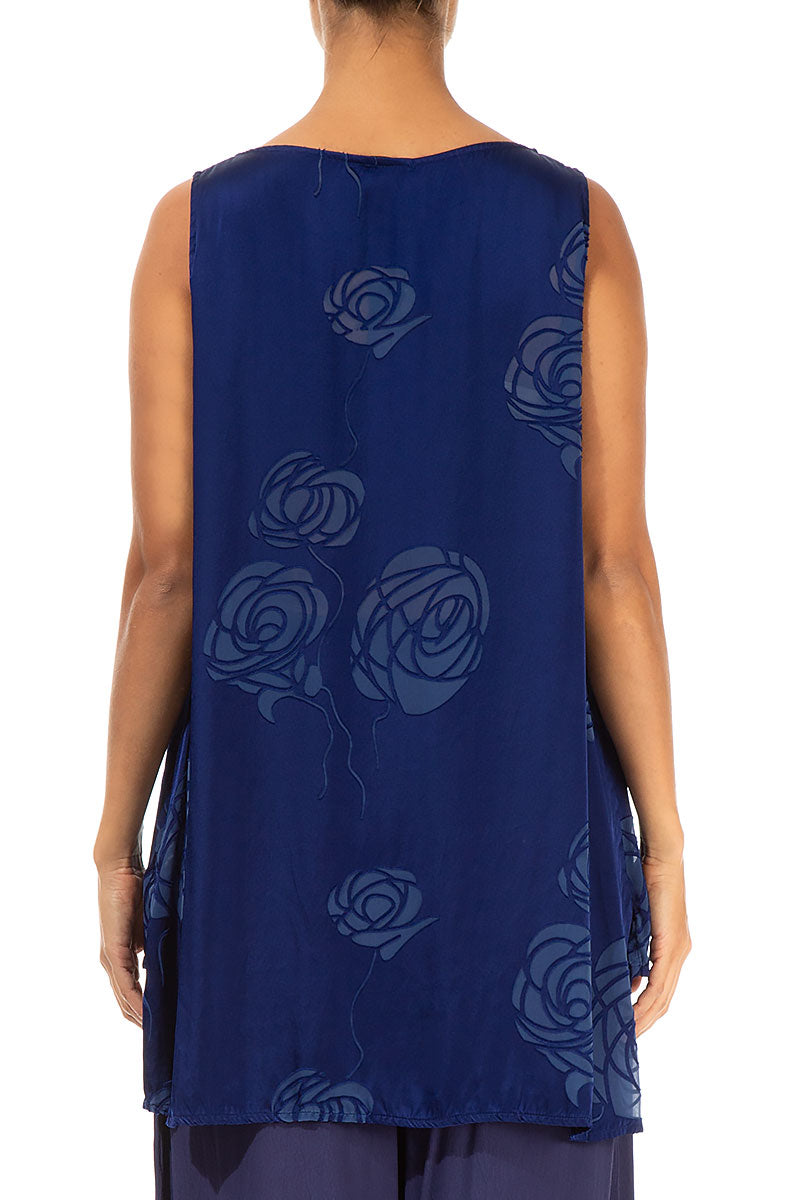 Sleeveless Roses Indigo Silk Top 2