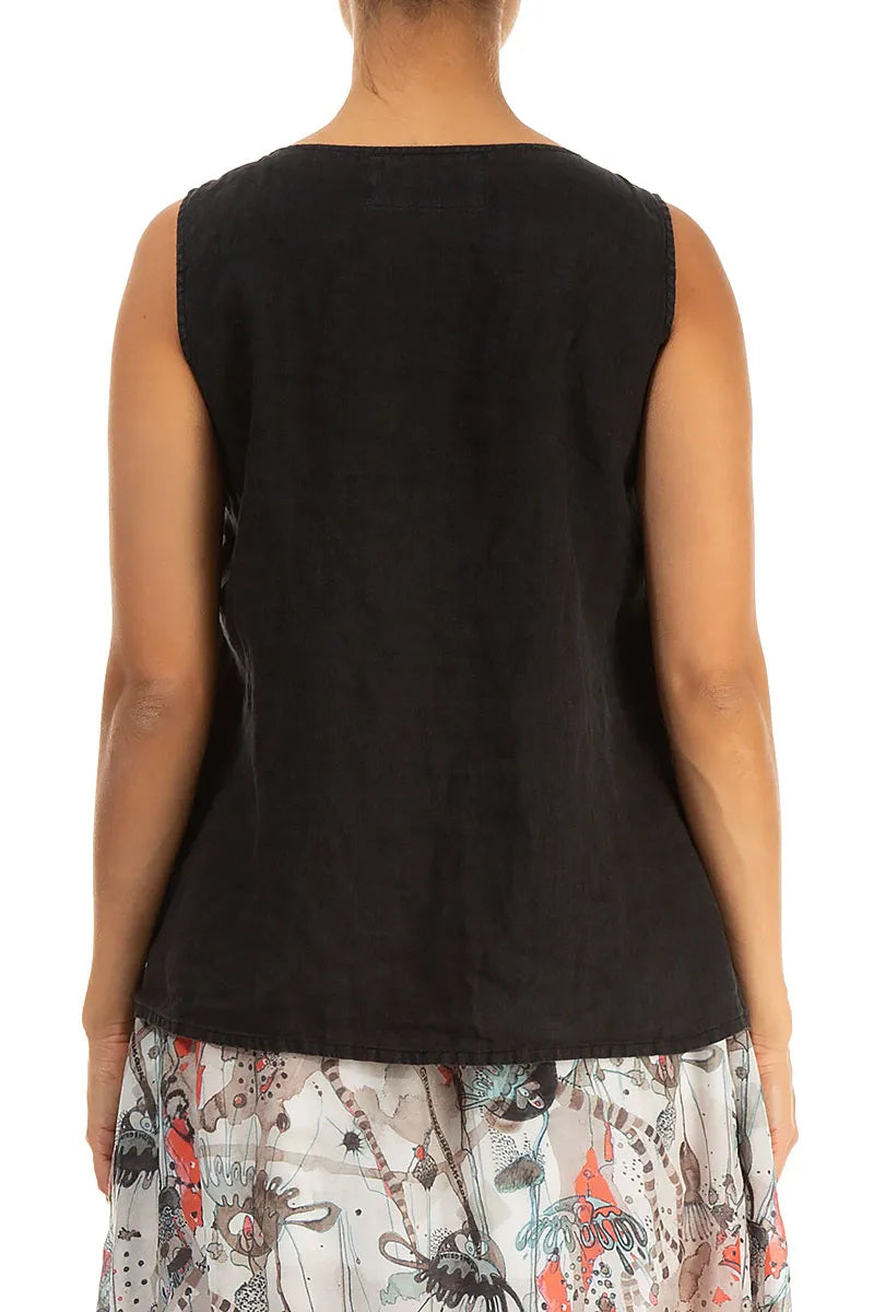Sleeveless Ruffled Black Linen Top 2
