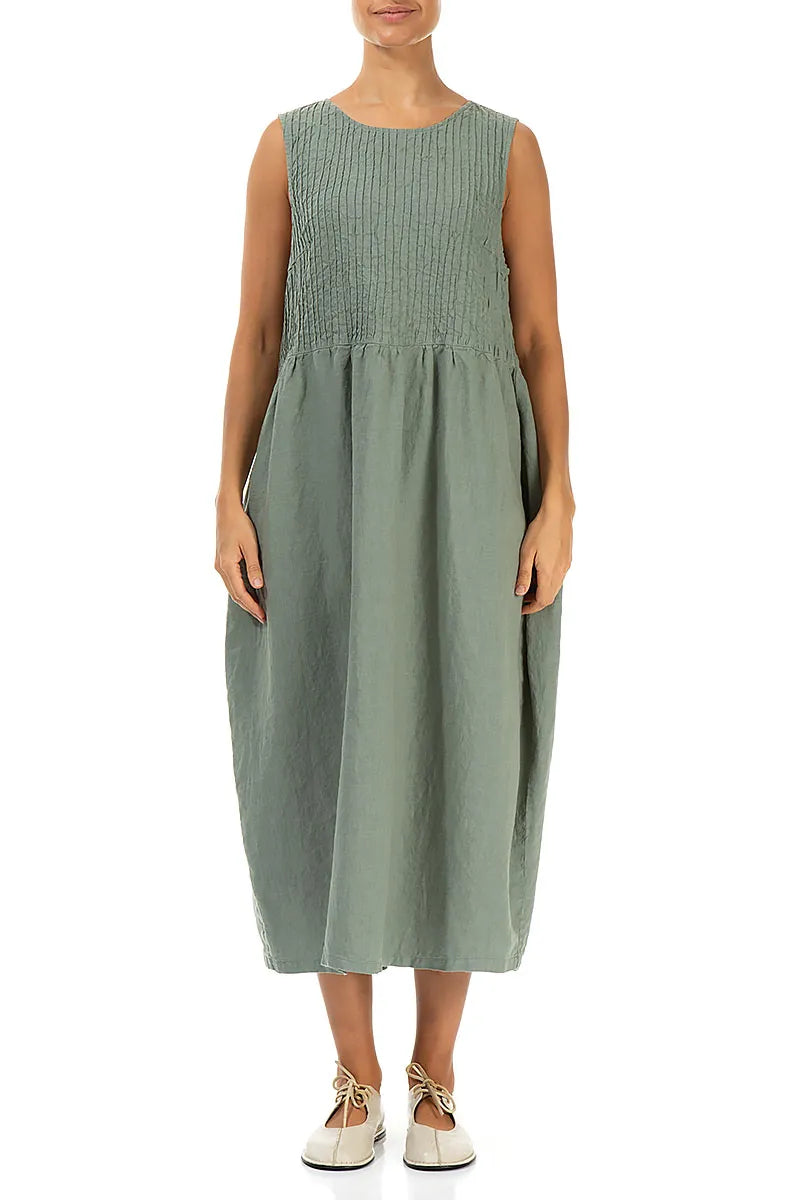 Sleeveless Sage Pintuck Linen Dress
