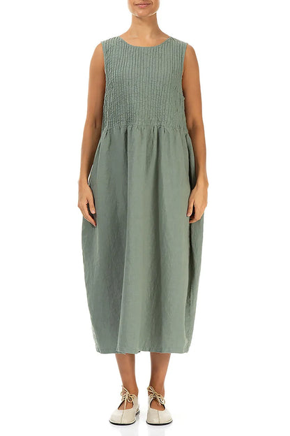Sleeveless Sage Pintuck Linen Dress
