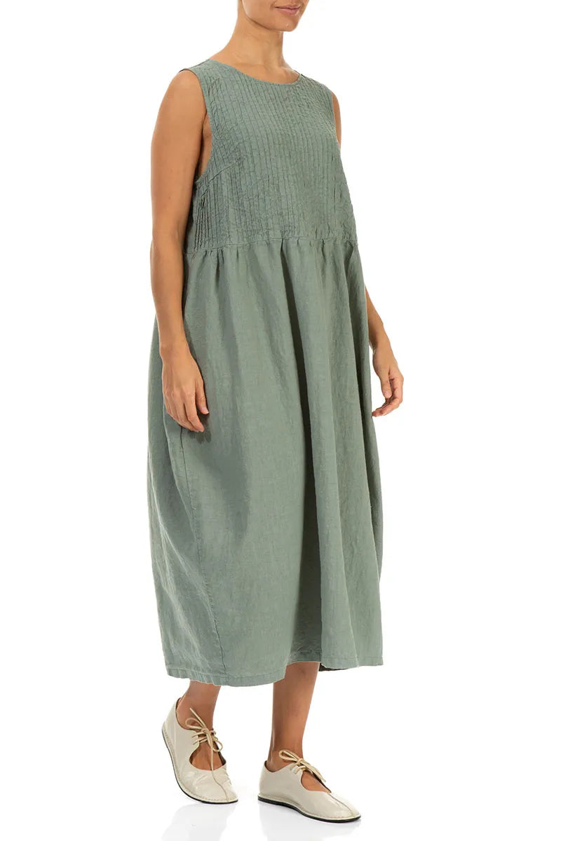 Sleeveless Sage Pintuck Linen Dress