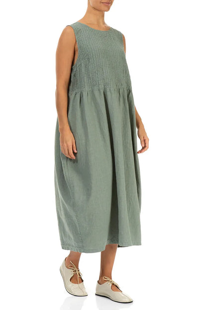 Sleeveless Sage Pintuck Linen Dress