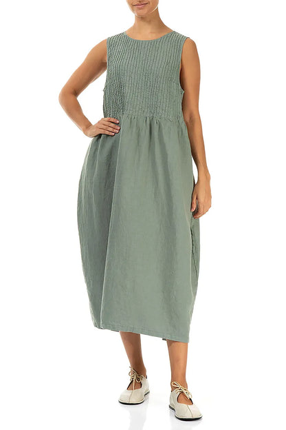 Sleeveless Sage Pintuck Linen Dress