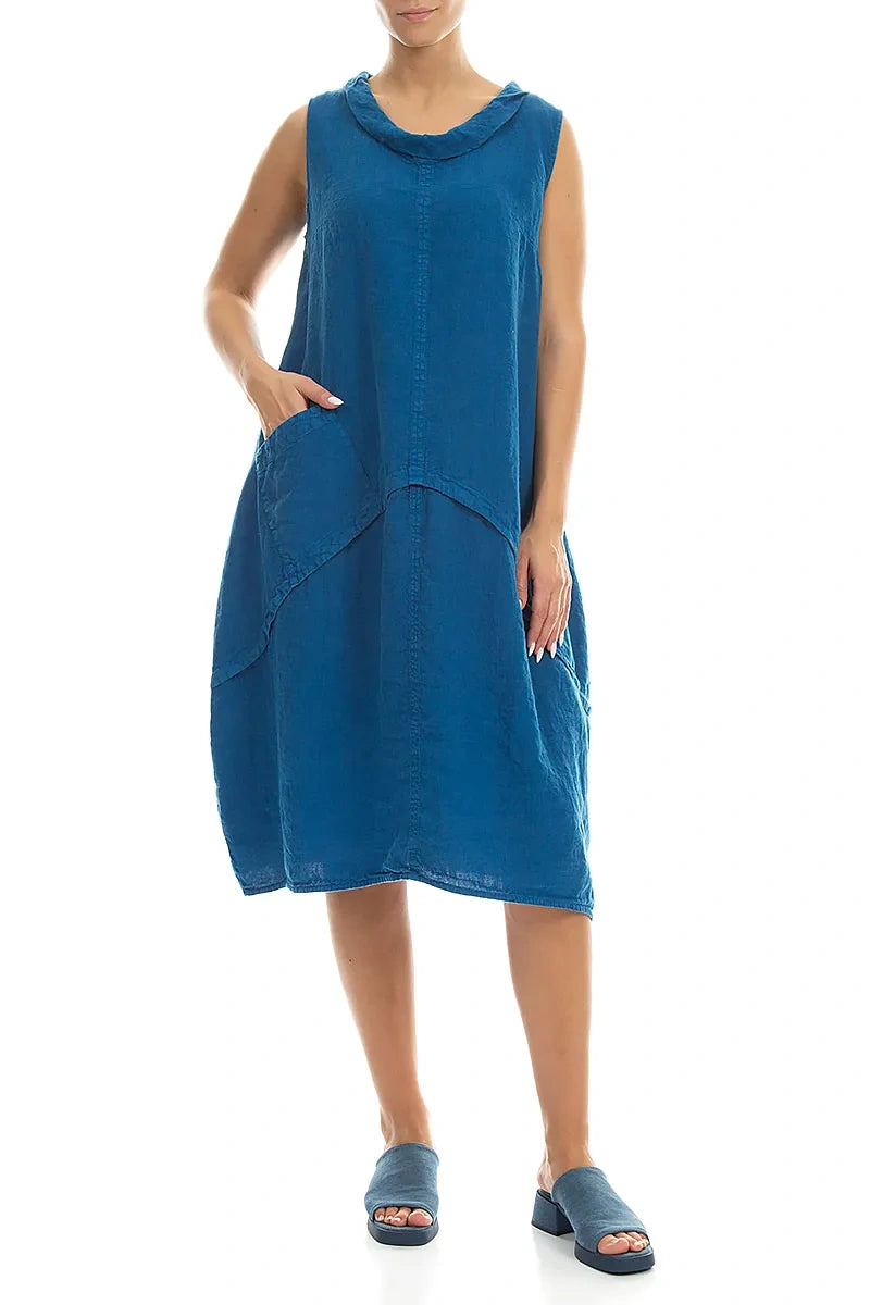Sleeveless Sculpted Cobalt Blue Linen Dress 4
