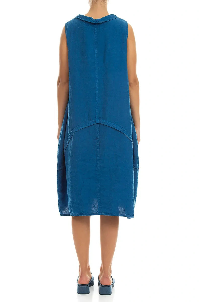 Sleeveless Sculpted Cobalt Blue Linen Dress 2