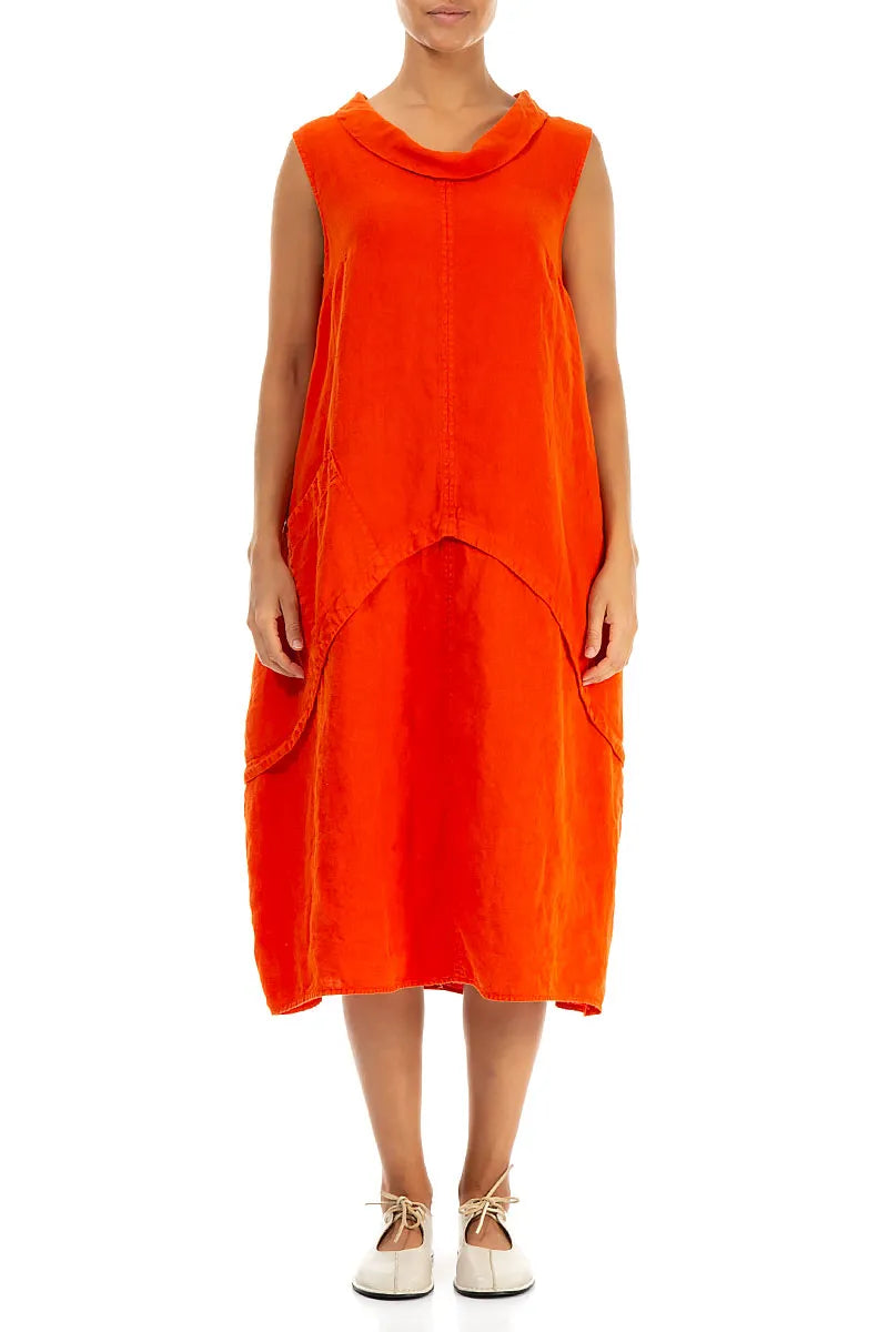 Sleeveless Sculpted Flame Orange Linen Dress 2