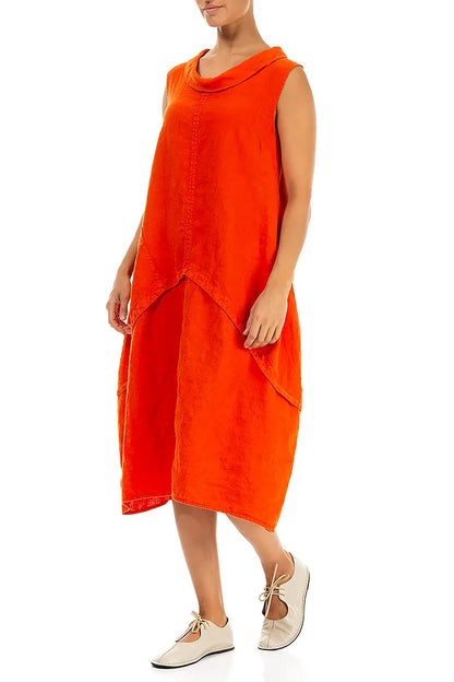 Sleeveless Sculpted Flame Orange Linen Dress 4