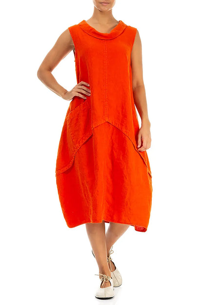 Sleeveless Sculpted Flame Orange Linen Dress 5