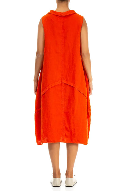 Sleeveless Sculpted Flame Orange Linen Dress 3
