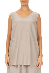 Sleeveless V-Neck Beige Pure Silk Blouse 1