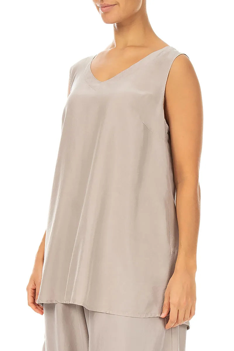 Sleeveless V-Neck Beige Pure Silk Blouse 3