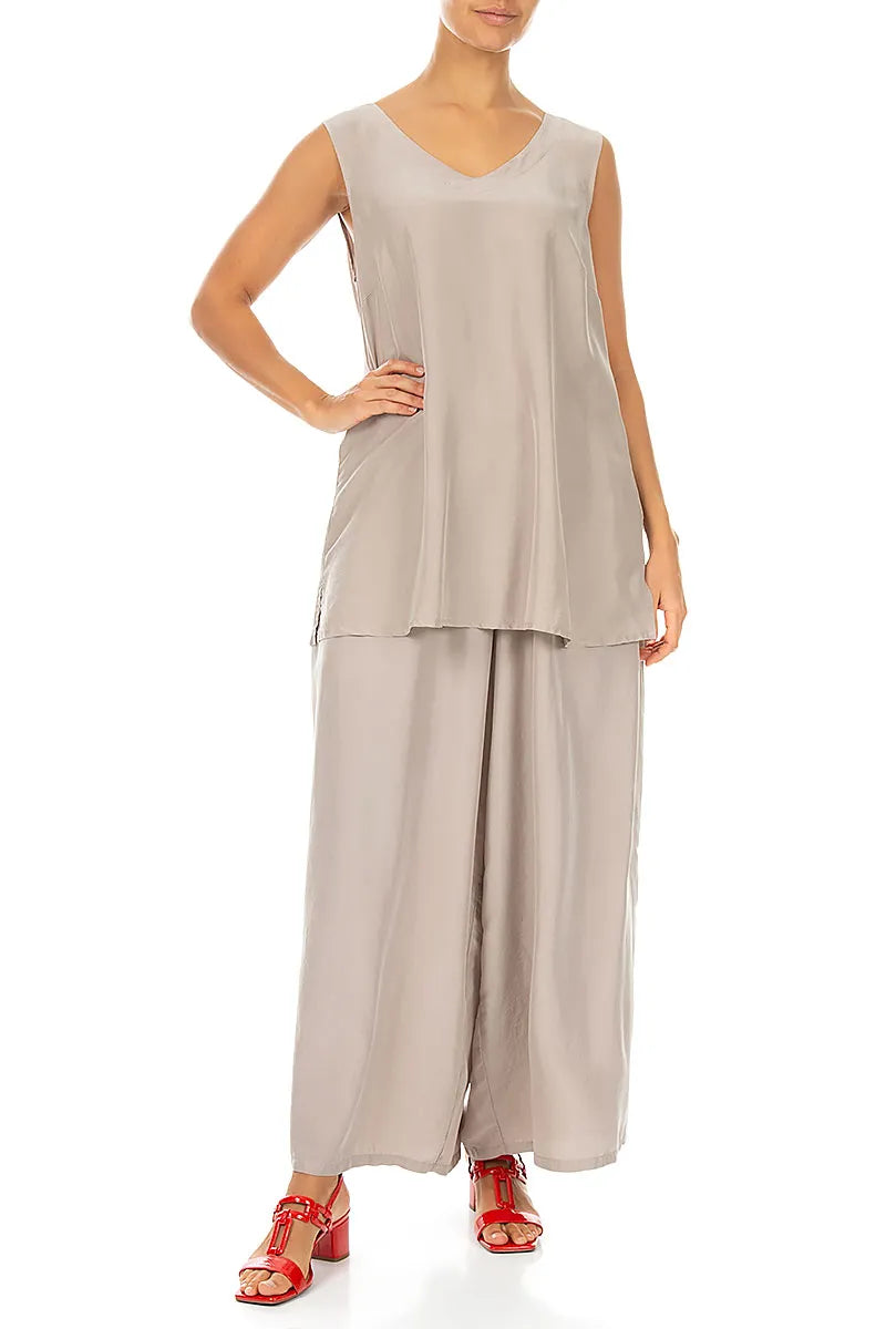 Sleeveless V-Neck Beige Pure Silk Blouse 4