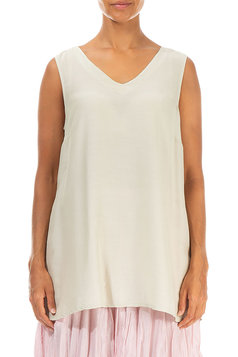 Sleeveless V-Neck Laurel Green Silk Bamboo Blouse 1